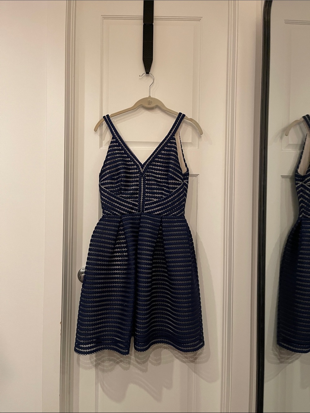 Navy Blue & Nude Striped Crochet Lace V-Neck Fit & Flare Mini Dress
